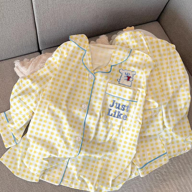 

Пижама женская весенне-осенняя с длинными рукавами, желтая клетка, щенок, новая мультяшная, студенческая, для дома, настоящая 2XL