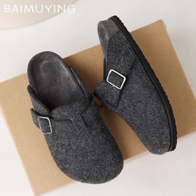 Suede Women Flats Cotton Slippers Short Plush Designer Buckle Casual Mules Shoes 2025 Trend Walking Warm Winter Snow Botas Mujer