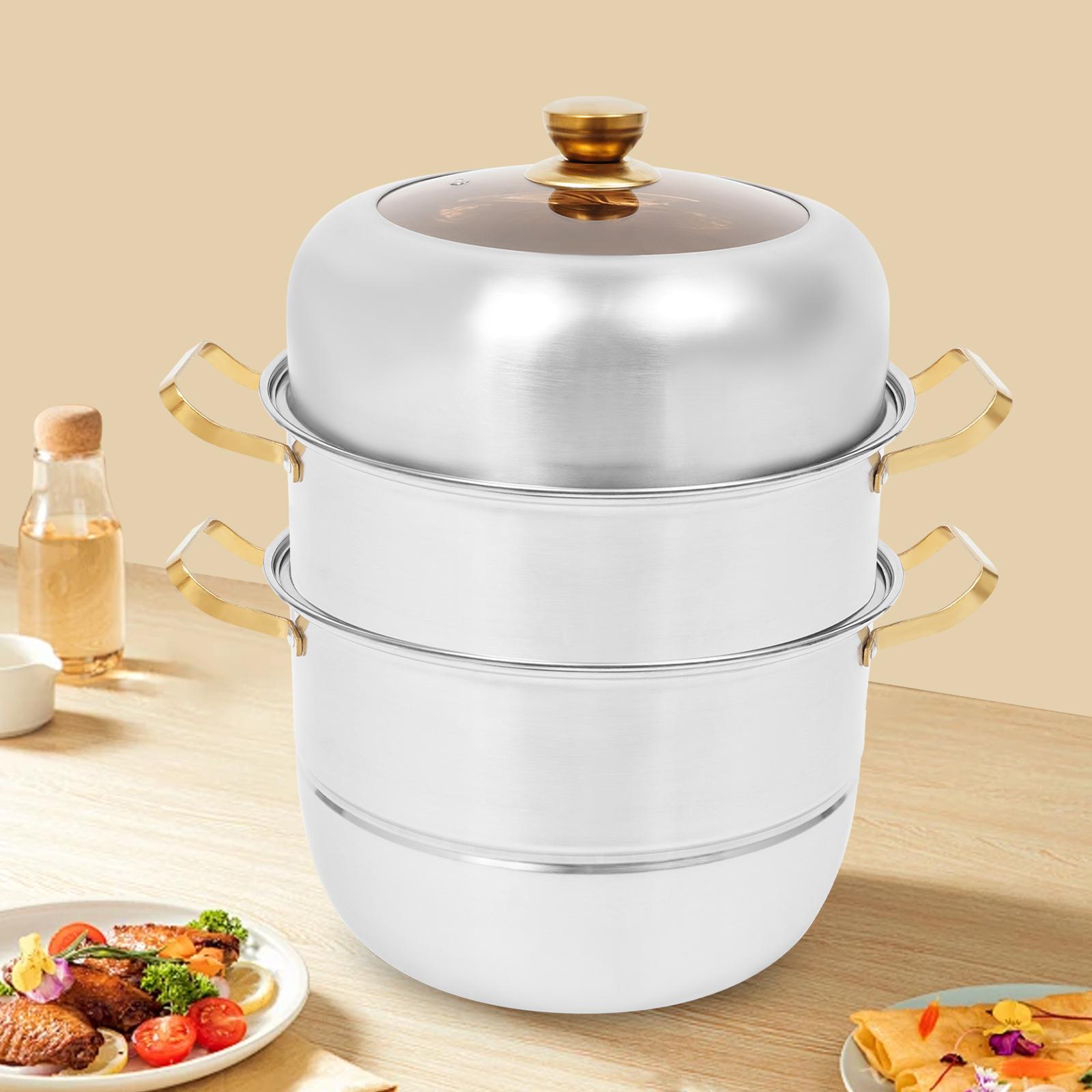 Premium 3-Tier Golden Handle Stainless Steel Steam Cooker, Constructed from Durable 201 Stainless Steel With Tempered Glass Lid серебряный