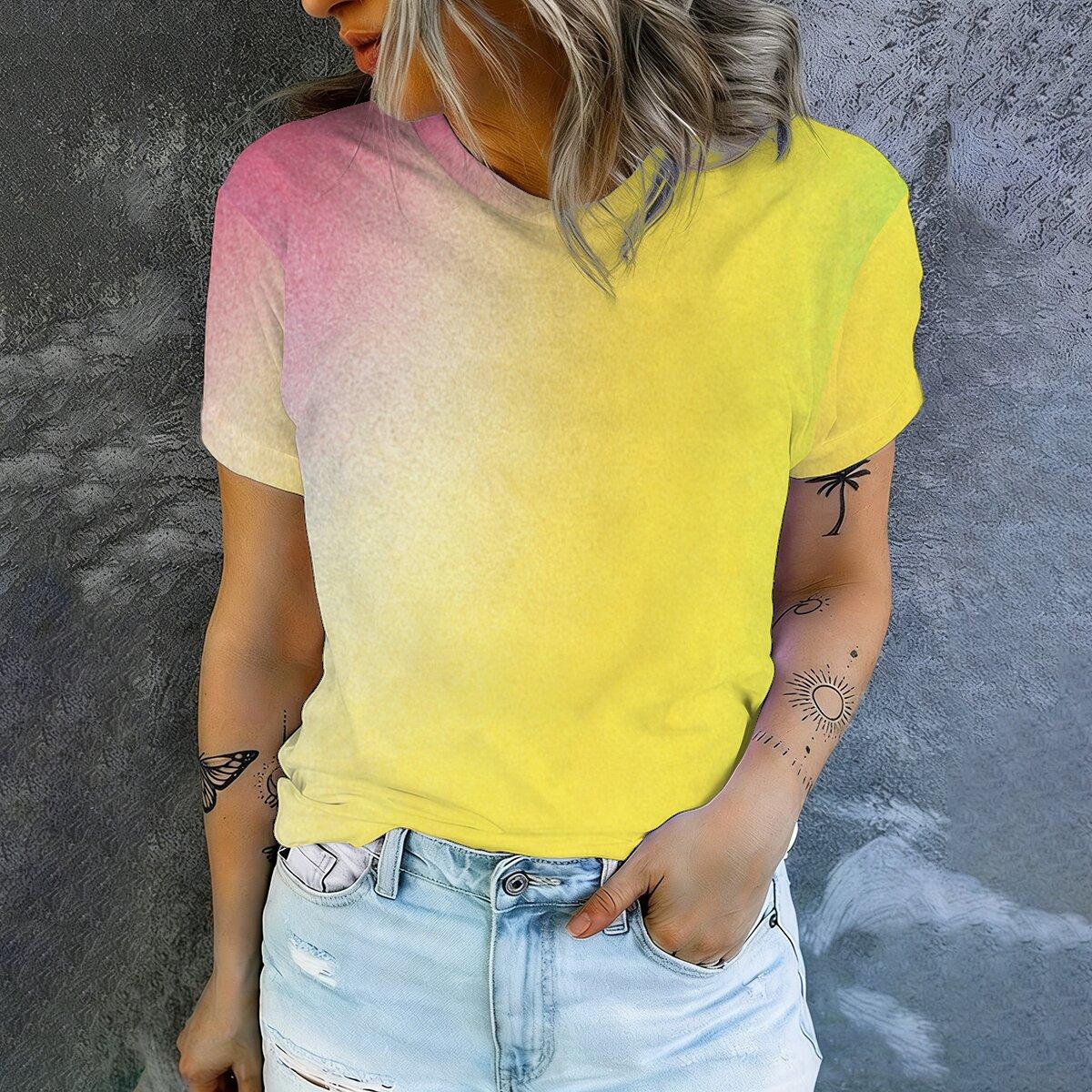 Gentle Pink Yellow Gradient Dyeing Printed Women s Summer Round Neck Short sleeved T-shirt, Versatile Top for Daily Commuting S белый