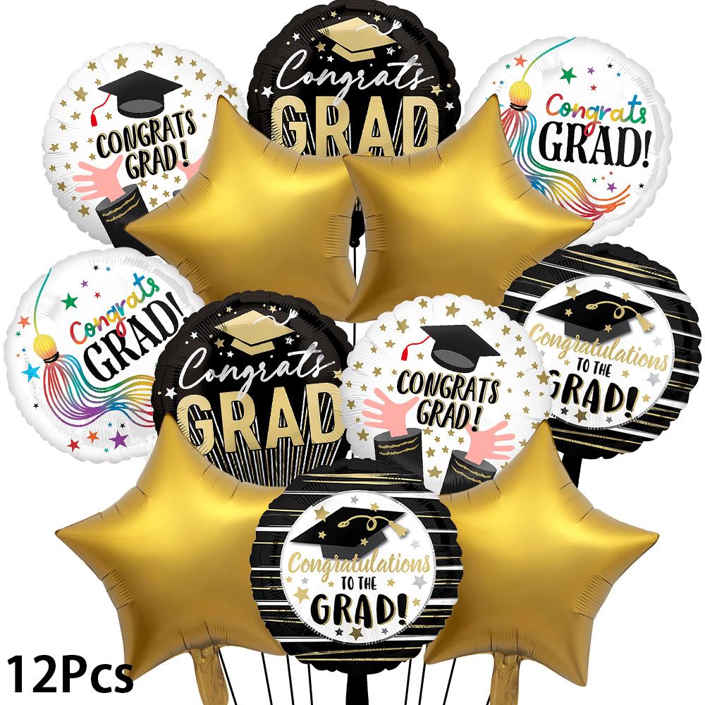 12Pcs Graduation Foil Balloon Set, Congrats Grad 18-Inch Round Mylar Balloons & Star Foil Balloons, Aesthetic Class of 2026 Deco