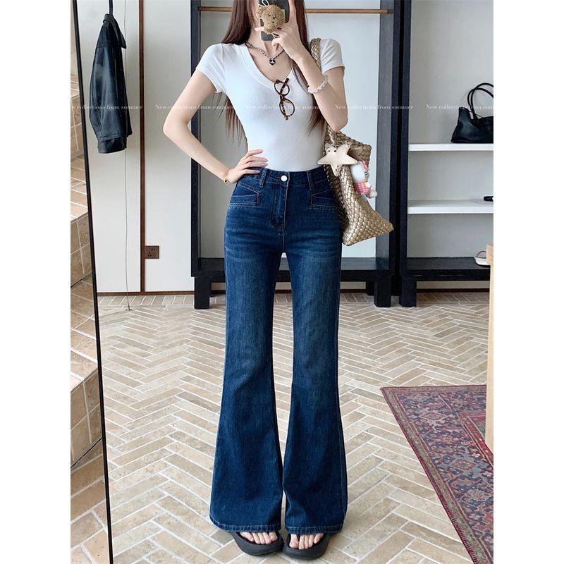 Kumikumi Vintage Washed Blue High Waist Jeans Women's Autumn Slim Fit Slimming Versatile Flared Pants Trousers