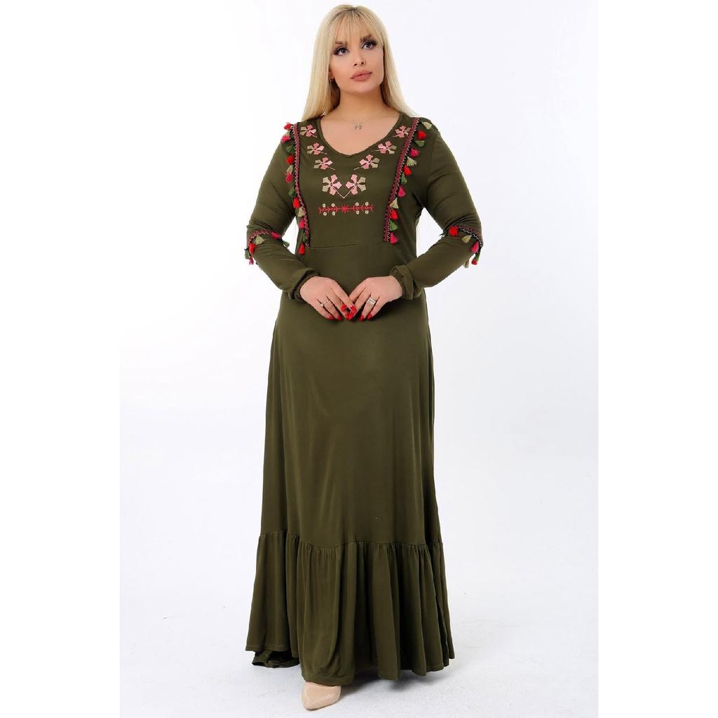 Embroidered V -neck Tassel Skirt With Frilly Long Arm Full Size Dress