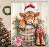 Highland Cow Christmas Shower Curtain, Funny Cute Animals Rustic Wooden Flower Board Winter Farmhouse Snow Bathroom Curtains