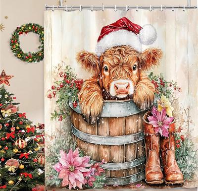 Highland Cow Christmas Shower Curtain, Funny Cute Animals Rustic Wooden Flower Board Winter Farmhouse Snow Bathroom Curtains