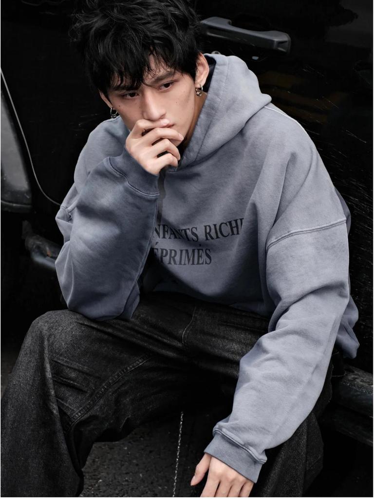 ERD Melancholy Blue Gradient Loose Washed Distressed American Style Hoodie