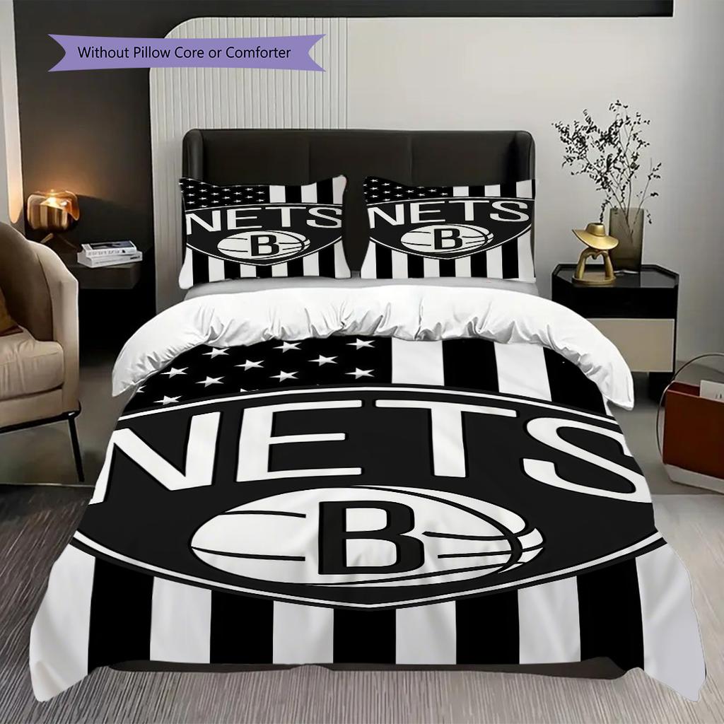 Brooklyn Nets Stars Stripes Basketball Spirit Bettwäsche(1 Bettbezug + 2 Kissenbezüge, ohne Füllung)Weihnachts-Geburtstagsgeschenk Weich und bequem
