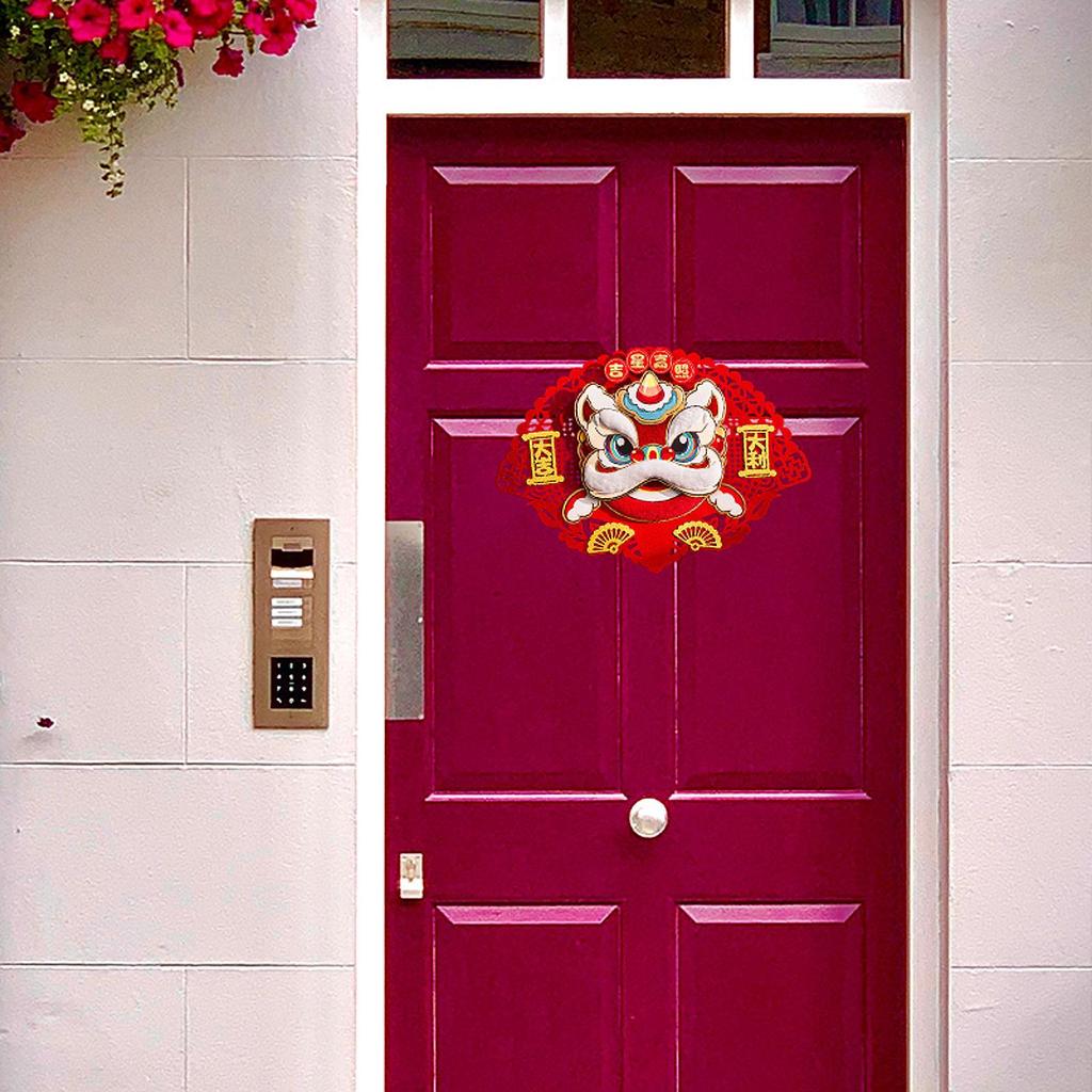 Spring Festival Fan Shaped Lion Dance Door Decoration 33x50cm Multifunctional Flocked Fabric for Festival Party Supplies
