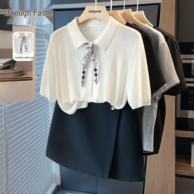 Women s Wool Blend Lapel Knit Short Sleeve Top One Size