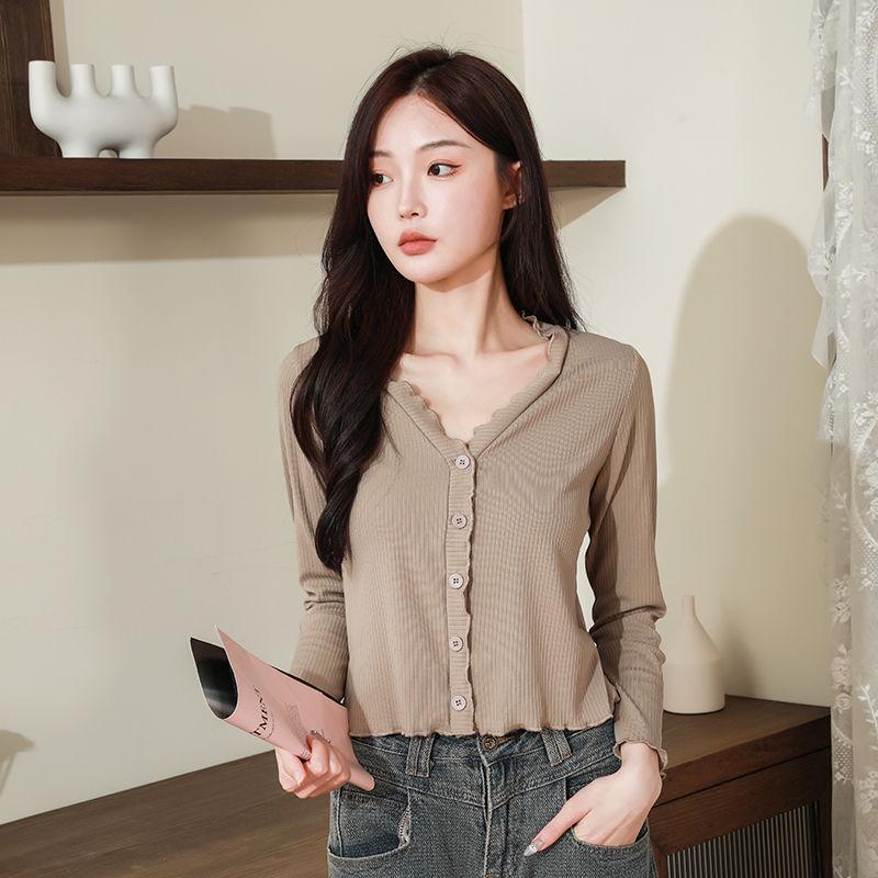 2024 Spring/Summer Slimming Ruffle V-Neck Knit Cardigan - Women's Long Sleeve Base Layer Top