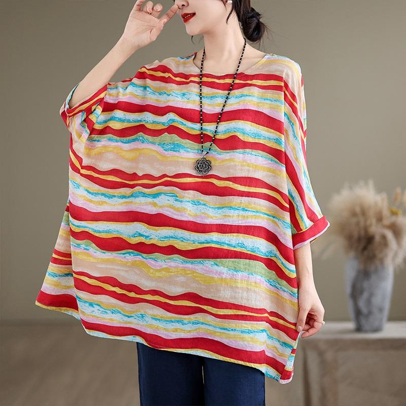 Short Sleeve Plus Size Cotton Vintage Stripe Casual Loose Long T Shirt Tops Women Summer T-shirt