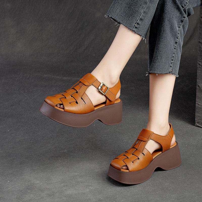 Fashion GKTINOO 2024 New Hollow Genuine Leather Sandals Women Shoes Sandals Platform Wedges Summer Shoes Woman Fashion Casual Sandals
