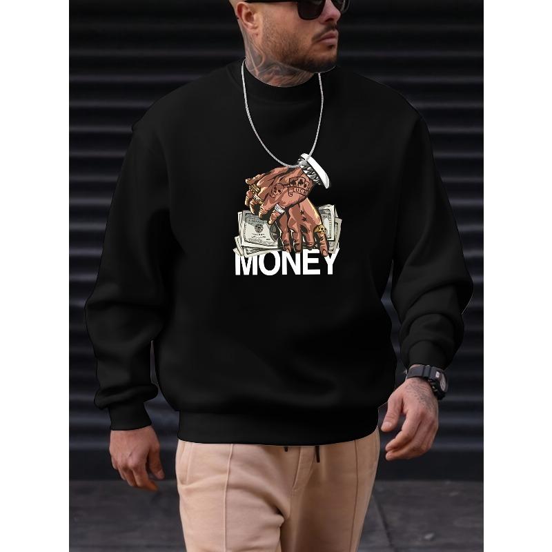 Men's Creative Hand-Drawn Money Letter Print Casual Long Sleeve Round Neck Sweatshirt.