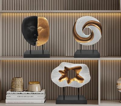 Ornements de Figure Abstraite Dorée Anneau Géométrique Creux Circulaire Visage de Couple S'embrassant Ornements en Résine Décoration de Maison