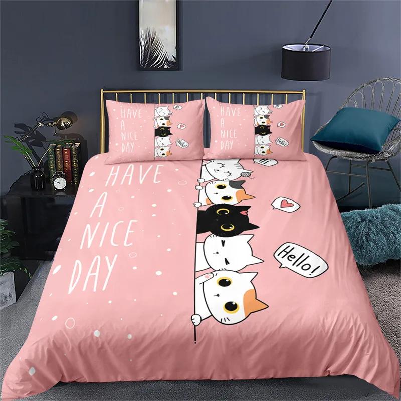 Kawaii Animal Duvet Cover Cute Cat Bedding Set For Girls Boys Kids, Pet Theme Cartoon Kitten Comforter Cover Lovely Cat Bed Set