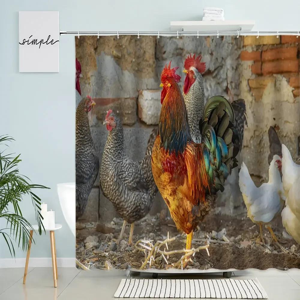 Chicken Shower Curtain Feather Poultry Animals Country Retro Old Farmhouse Barn Bathroom Wall Decor With Hooks Waterproof Screen
