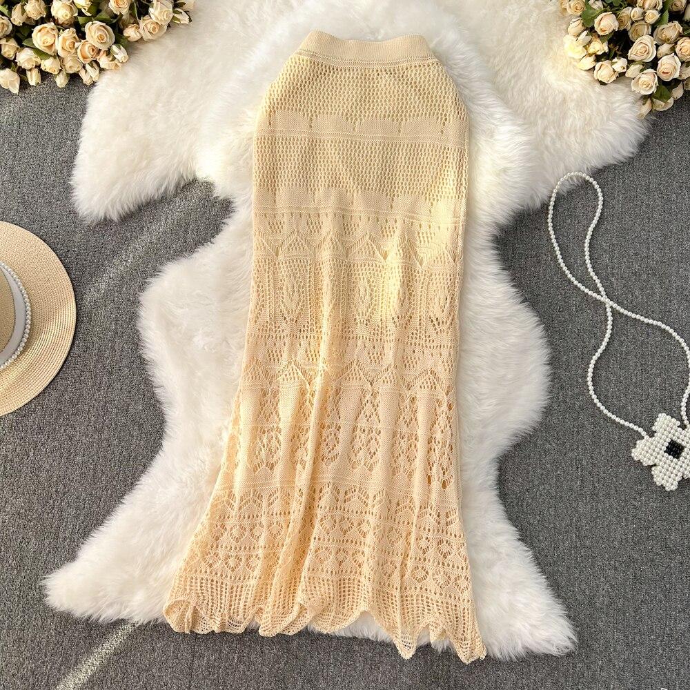 

Корейская версия, темпераментная ретро-юбка с высокой талией для похудения, кружевная юбка длиной выше колена с фланцами, рыбий хвост One Size бежевый