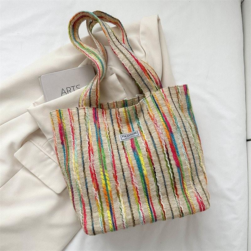 Stylish Large Capacity Women's Shoulder Bag With Colorful Rainbow Stripes And Embroidery