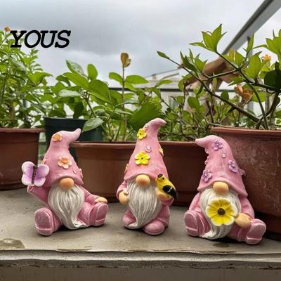 Resin Dwarf Figurines for Patio Balcony Halloween Gnome Statue, Spring Butterfly Bird Flower Decorative Desktop Accents Home Figurine Garden