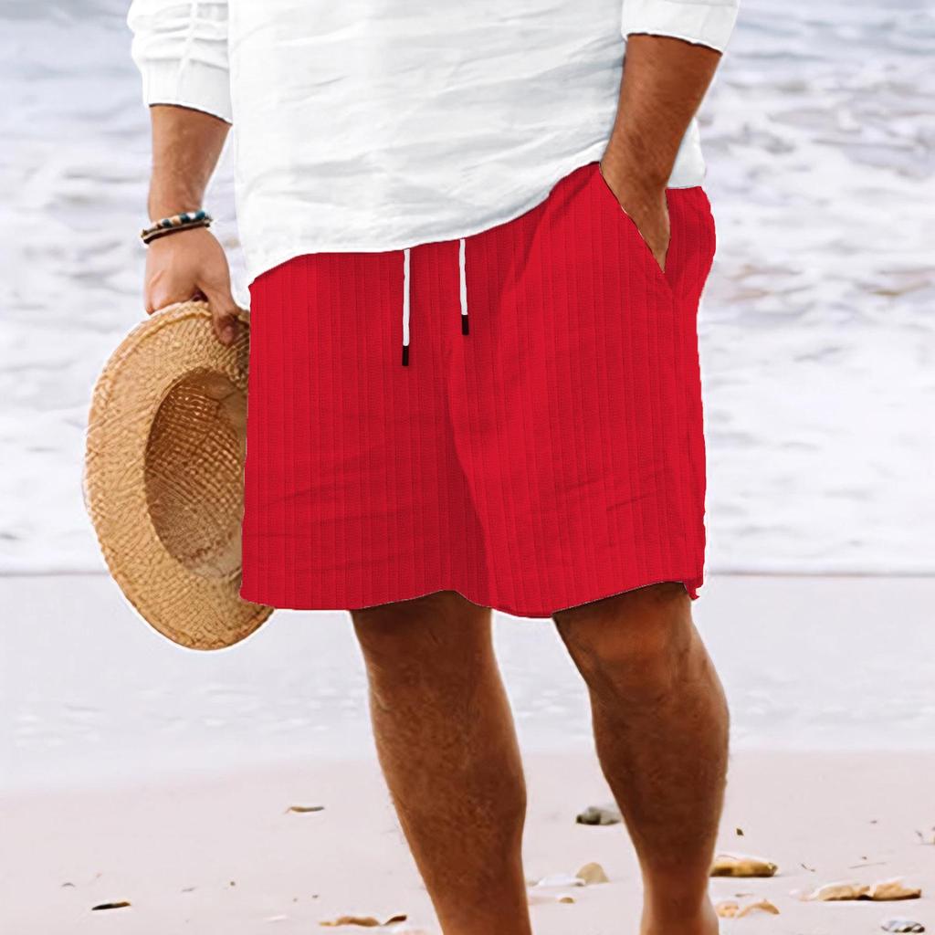 2024 Cross-Border Men's Striped Cotton-Linen Beach Shorts with Drawstring and Multi-Pockets.