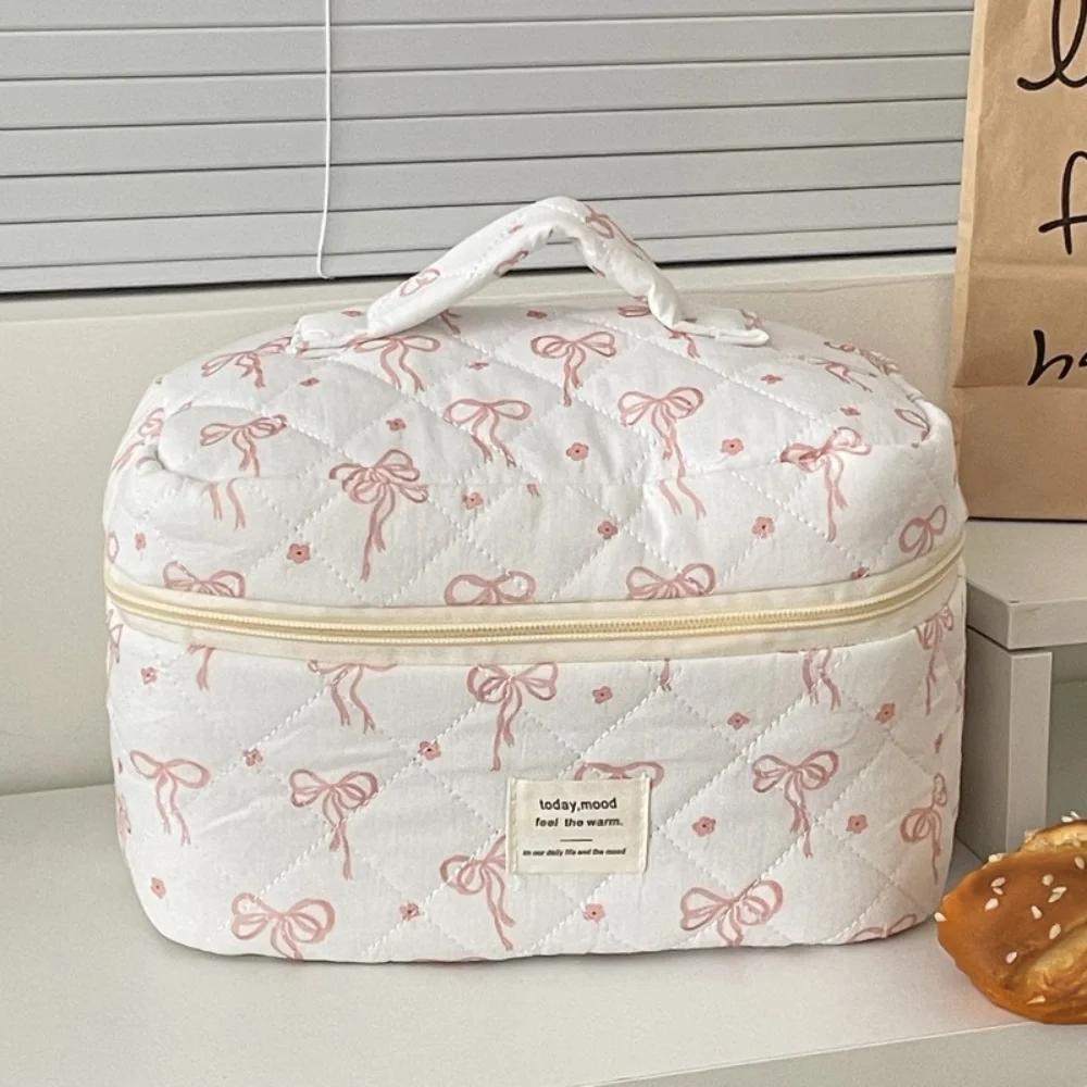 Fashion Korean Style Cosmetic Bag Multi-size Zipper Travel Storage Bags Pink Bow Plaid Makeup Quilted Bag for Women Girls