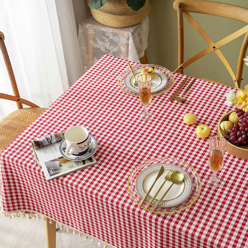 Small grid rectangular dining table cloth, red small grid fringe tablecloth, dining table cloth