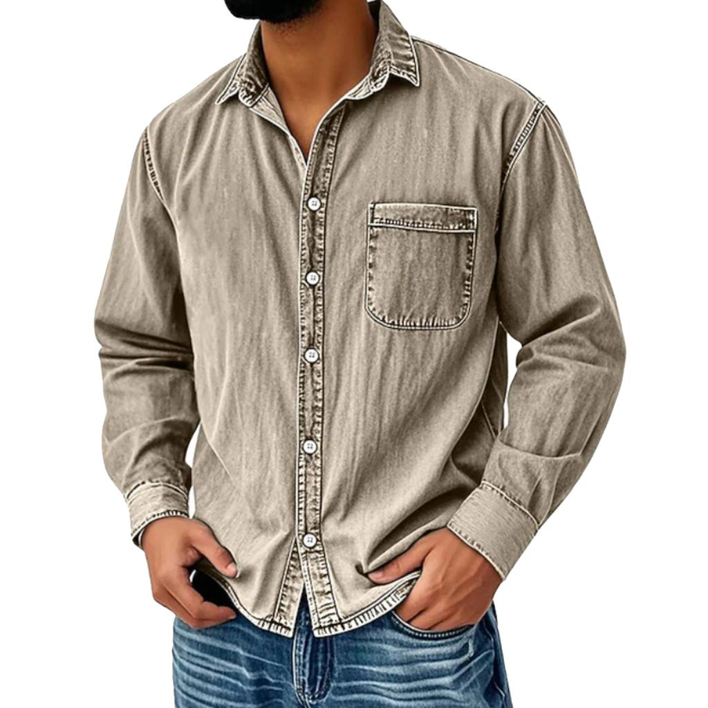 Men's Casual Solid Color Distressed Denim Shirt, Men's American Workwear, Retro Washed Long-sleeved Top