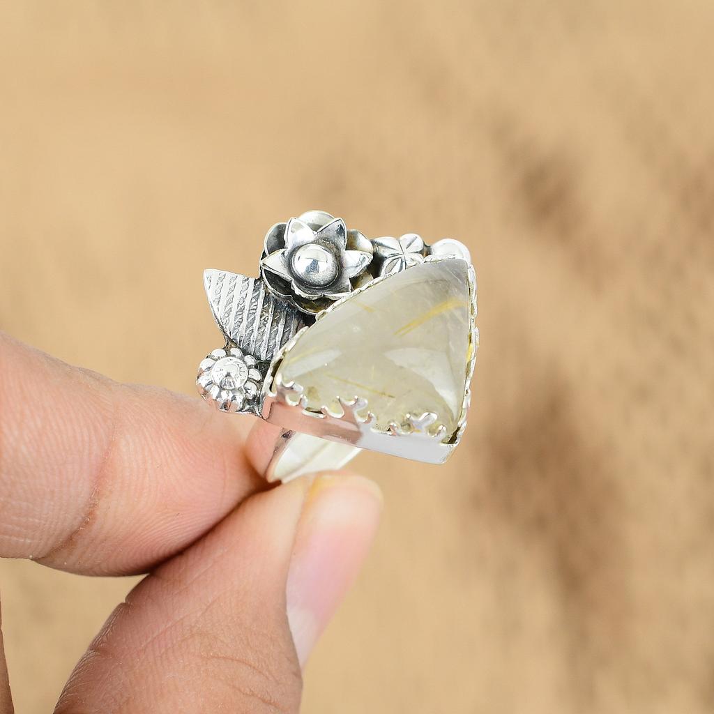 Memorial Day Sale Golden Rutile Gemstone Promise Flower Ring Jewelry 925 Silver