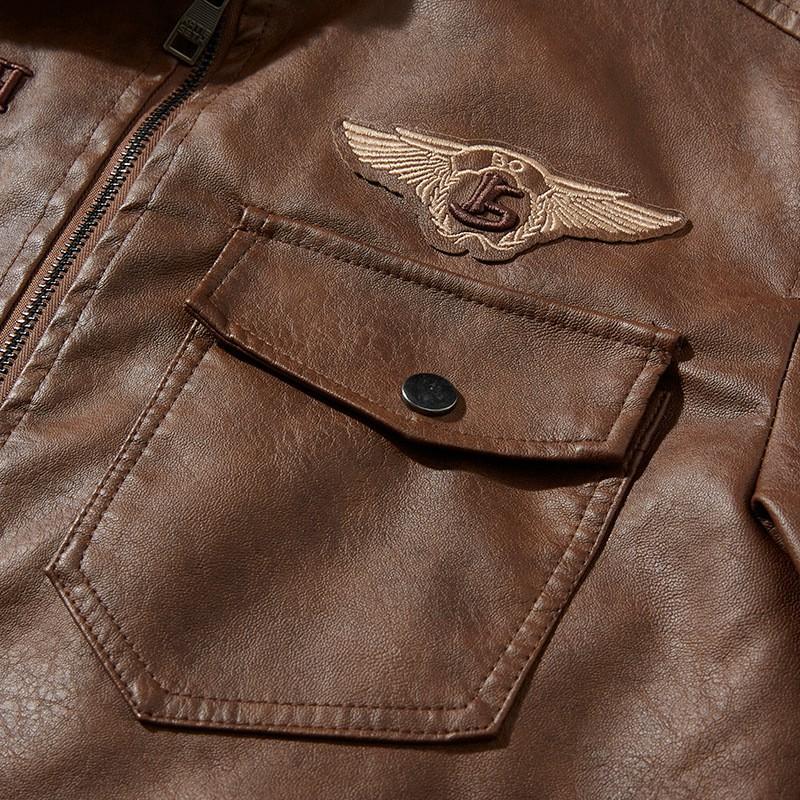 Mens Faux Leather Biker Jacket Winter Warm Lined Oversized Casual Coat With Zipper Pockets Embroidered Patch