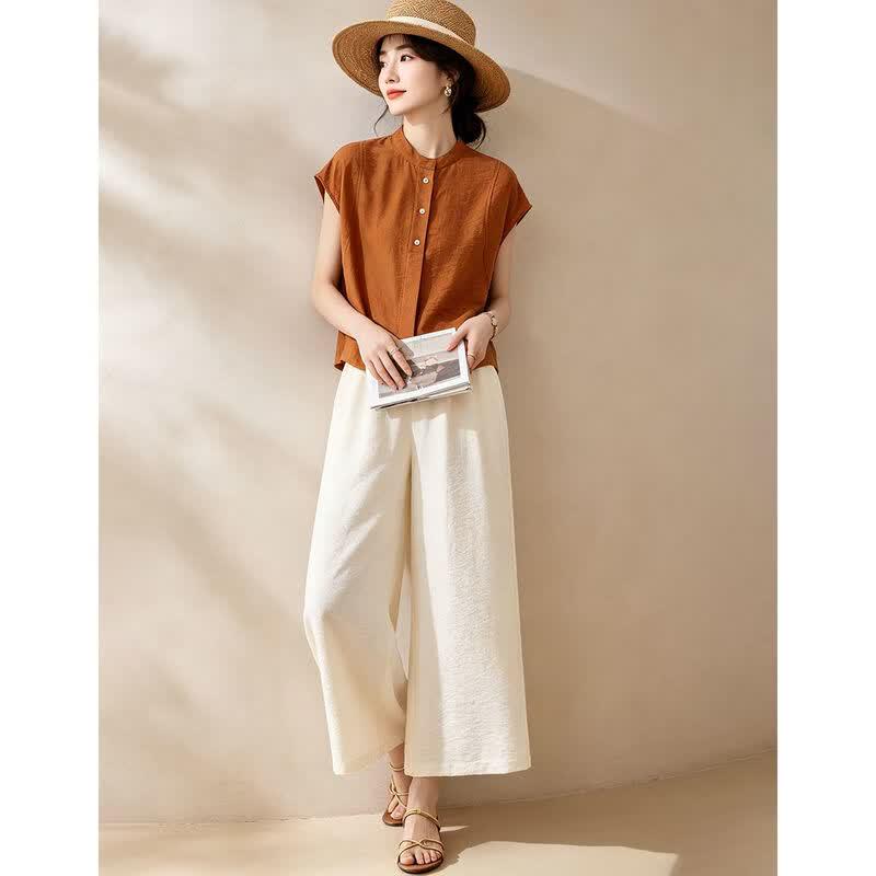 D.F.DEAR Women's Stand Collar Sleeveless Shirt & Wide-Leg Pants Set