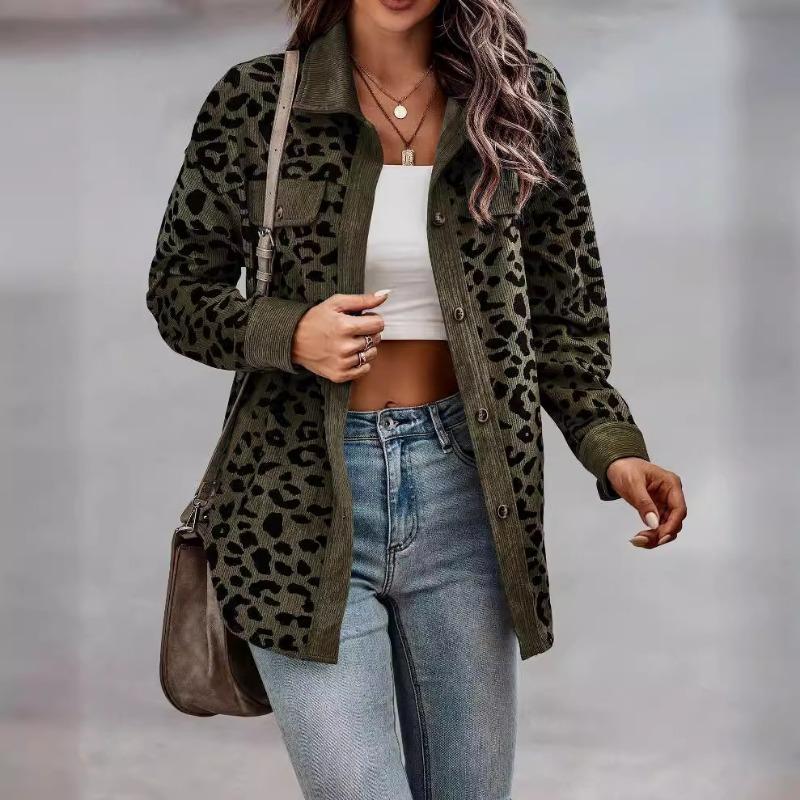 Women S Corduroy Leopard Print Button Long Sleeve Jacket