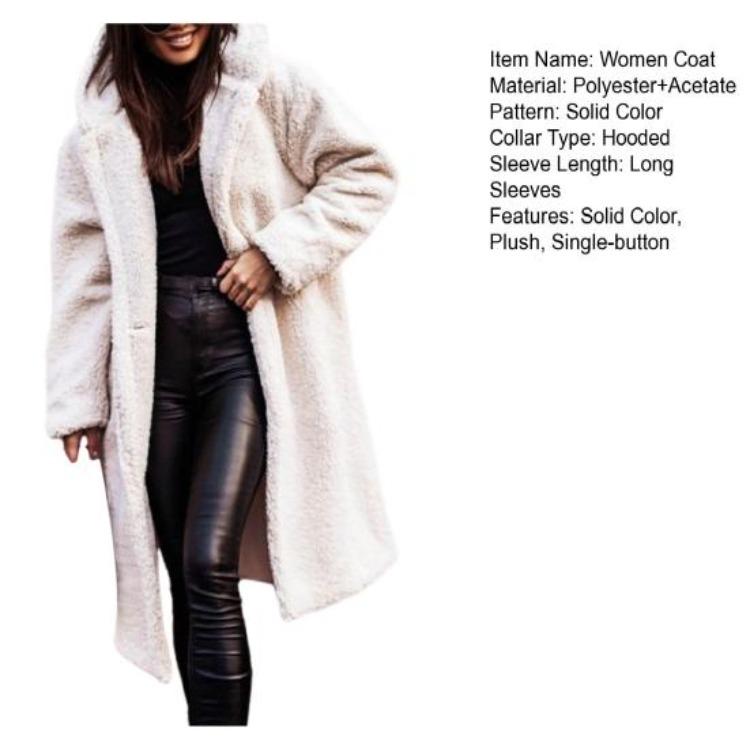 Winter Plush Hooded Long Coat Women Solid Color Long Sleeve Autumn Single Button
