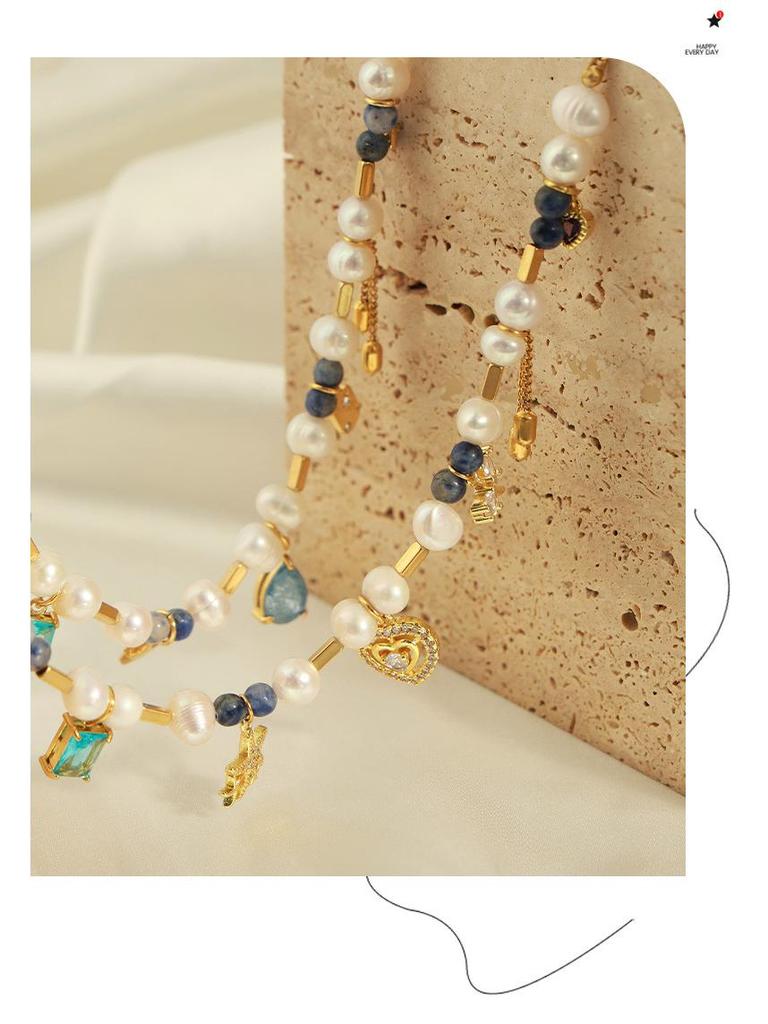 European-American Court Style Gold-Plated Titanium Necklace with Freshwater Pearls & Natural Stone Beads