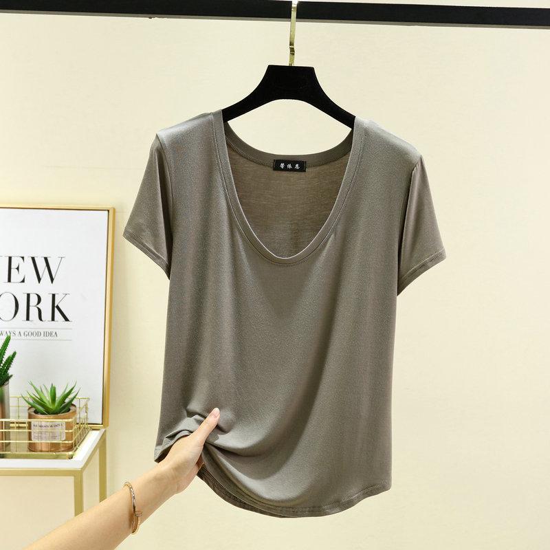 Dámský modální top s U výstřihem a polovičním rukávem - Jednobarevný, nadměrná velikost, letní tričko