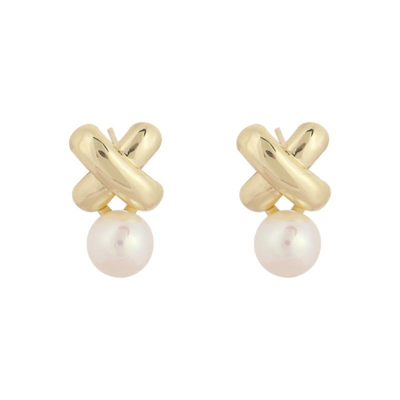 Vintage Cross Pearl Earrings Minimalist Elegant Studs Luxury High-End Jewelry for Women
