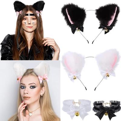 2 Pcs Plush Bells Necklace Furry Cat Ears Headwear Make Up Cat Ear Headband  Costume Party