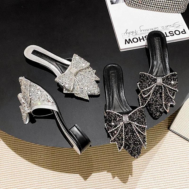 Women Pointed Toe Thick Heel Slippers Summer Women's Outdoor Shoes Fashion Bow Sequin Low Heel Sandals Size Women Shoes 35-43