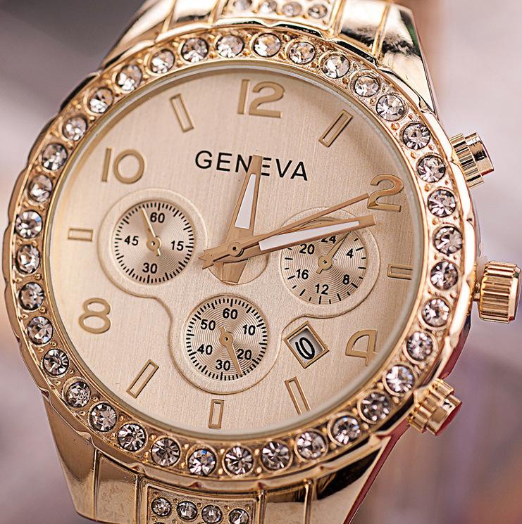 Geneva Diamond-Studded Steel Band Women's Fashion Watch - Elegant Three-Eye Design