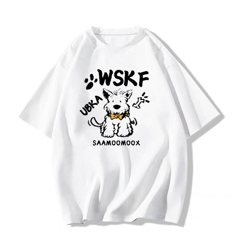 Damski T-shirt z ciężkiej bawełny z nadrukiem retro szczeniaczka, Kolekcja Lato 2025, Luźny krój, Krótki rękaw.