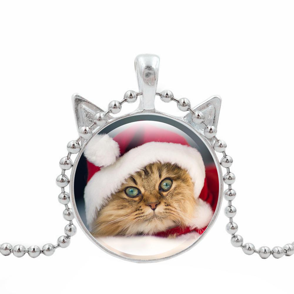 Women Girl Retro Jewelry Xmas Christmas Cat Pattern Glass Gemstone Pendant Necklace