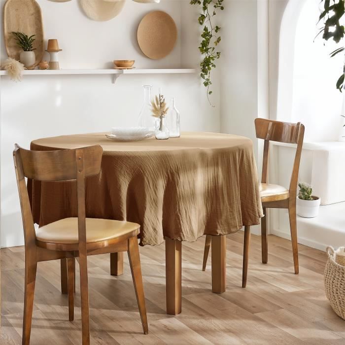 Nappe - Gaia - Ronde 180cm - 100% Coton Gaze - Lavable en Machine - Couleur Camel