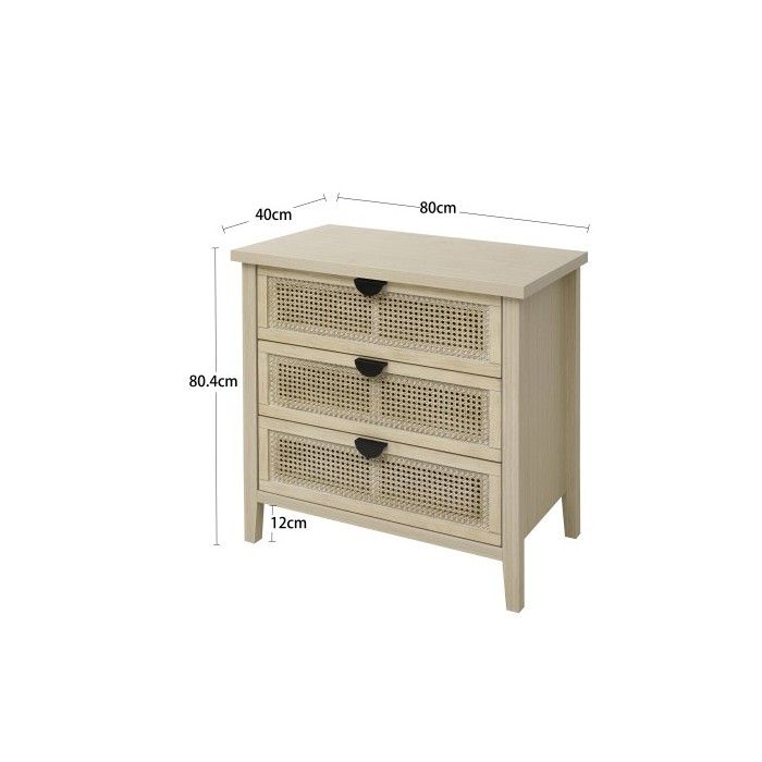 Buffet décoratif de 31,5 pouces avec trois tiroirs, doté de portes interchangeables en rotin à motif alvéolé.