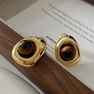 Pendientes de botón de piedra de ojo de tigre natural, pendientes geométricos ovalados, moda francesa retro, exquisitos pendientes Maillard de alta calidad para mujer