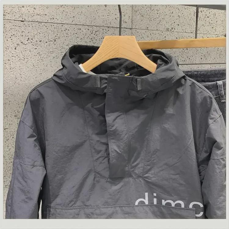 Japanese Style Casual Solid Color Hooded Jacket with Trendy Printed Lettering for Men