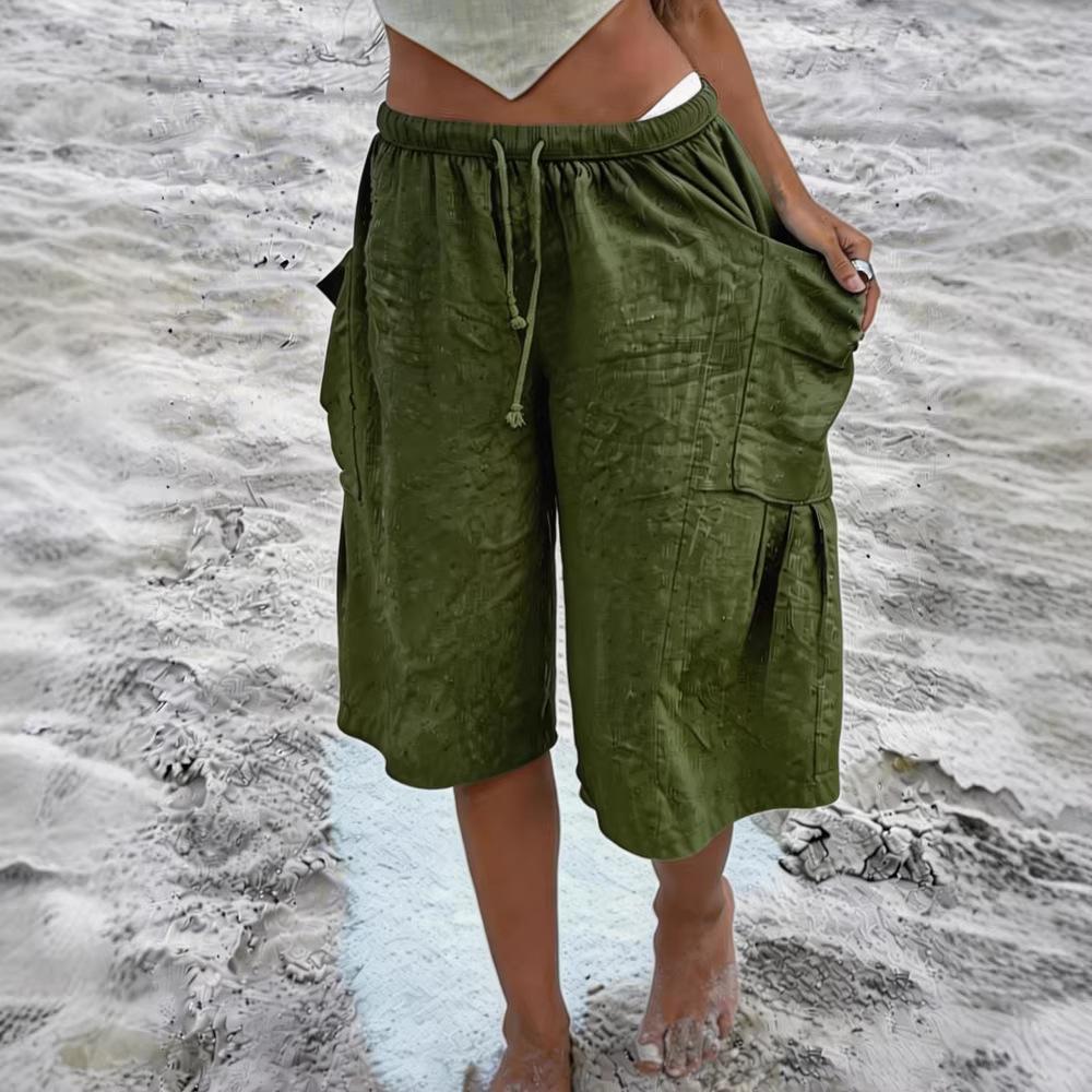 Summer Women's Linen Blend Drawstring Elastic Waist Wide Leg Knee Length Casual Shorts with Pockets