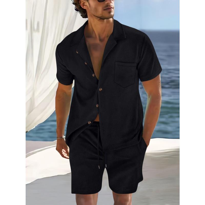 Men S Summer Thin Short Sleeve Cuban Collar Shirt And Shorts Casual Two Piece Set