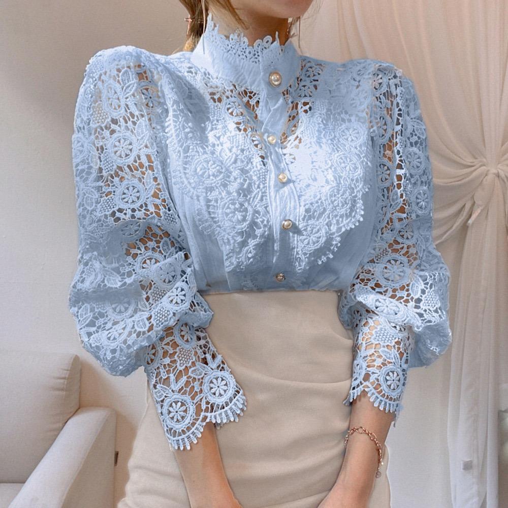 Women Chiffon Button Turtleneck Shirt Chic Elegant Floral Lace Fluffy Long Sleeve Top Fashion Hollow Oversize White Blouse