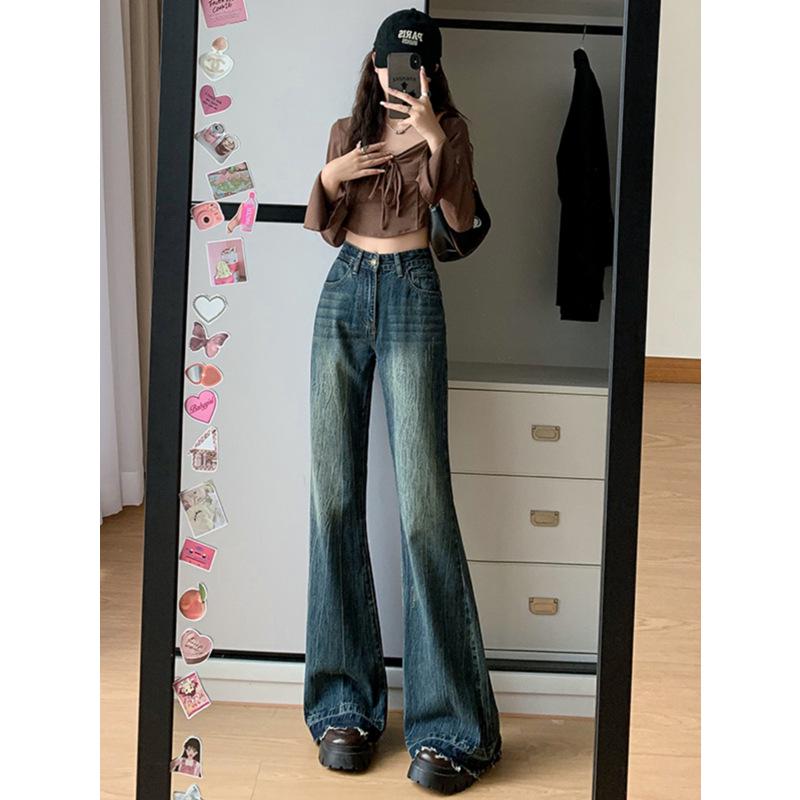 Women's 2024 Spring/Autumn Plus Size Gray Flared Jeans - Raw Edge, Micro Flare, Floor-Length