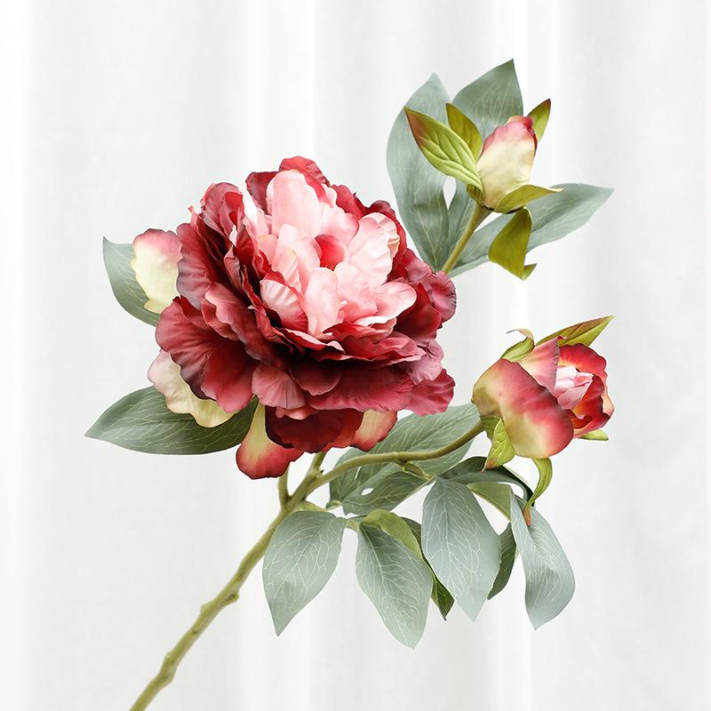 

Simulated 3-head peony flower, living room hotel decorative ornament, outdoor photography prop fake flower вина червоного кольору