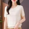 Women Round Neck Hollow Striped Knit T-shirt Short Sleeve Thin Summer Casual Knitted Blouse Tops